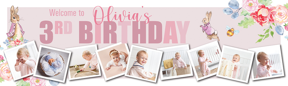 Personalised Happy 3rd Birthday Banner - Pink Rabbit Floral Welcome - Custom Name & 9 Photo