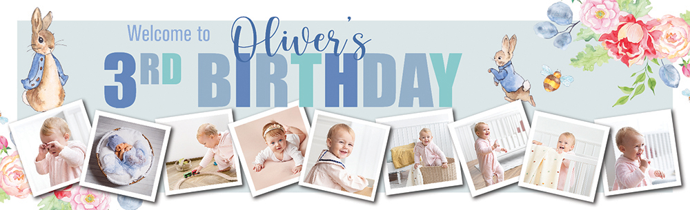 Personalised Happy 3rd Birthday Banner - Blue Rabbit Welcome - Custom Name & 9 Photo Upload