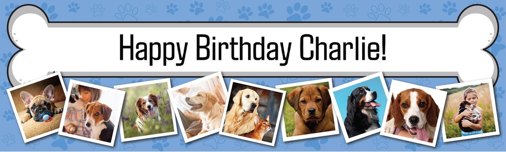 Personalised Pet Birthday Banner - Dog and Bone - Custom Name & 9 Photo Upload