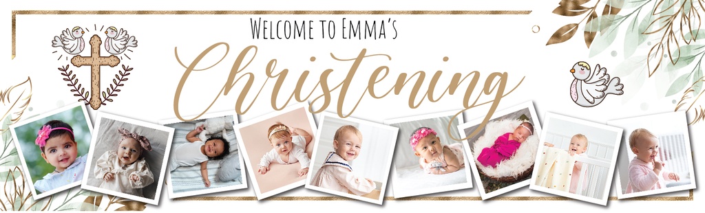 Personalised Christening Banner - Gold Floral Cross - Custom Name & 9 Photo Upload