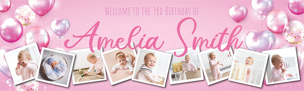 Personalised 3rd Birthday Banner - Pink Balloons - Custom Name & 9 Photo Upload