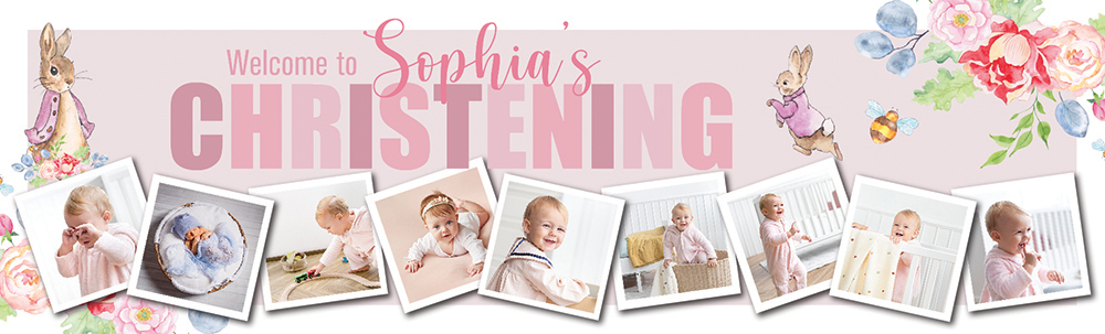 Personalised Christening Banner - Pink Rabbit Floral Welcome - Custom Name & 9 Photo Upload