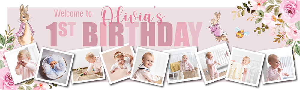 Personalised Happy 1st Birthday Banner - Pink Rabbit - Custom Name & 9 Photo Upload