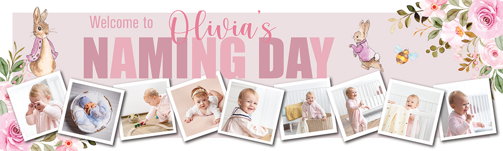 Personalised Baby Naming Day Banner - Pink Rabbit - Custom Name & 9 Photo Upload