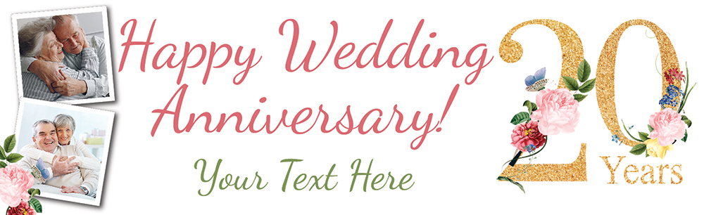 Personalised 20th Wedding Anniversary Banner - Floral Design - Custom Text & 2 Photo Upload
