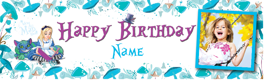 Personalised Happy Birthday Banner - Cheshire Cat & Alice In Wonderland - 2 Photo Upload