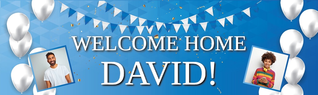 Personalised Welcome Home Banner - Blue & White Balloons - Custom Name & 2 Photo Upload