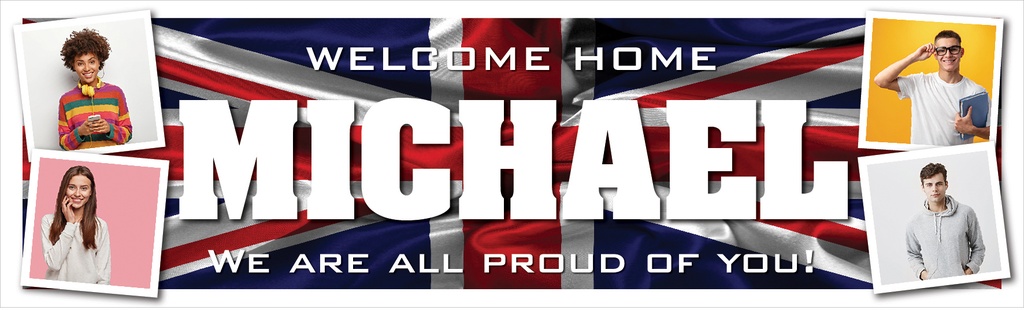 Personalised Welcome Home Banner - British Flag - Custom Name & 4 Photo Upload