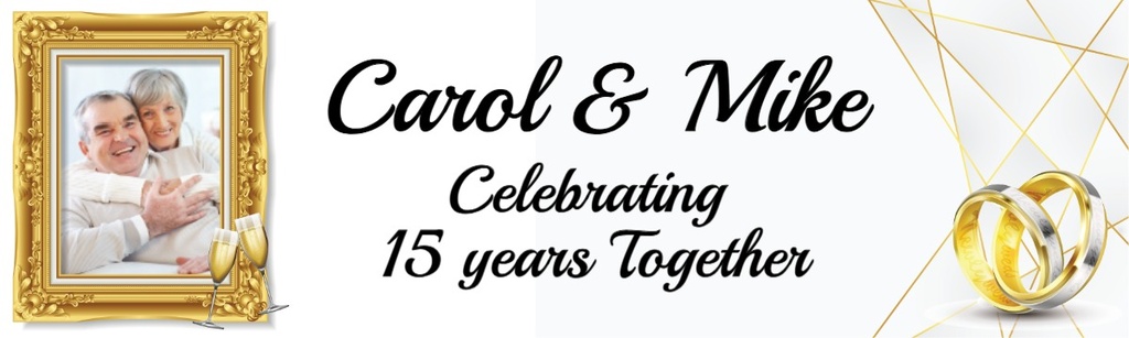 Personalised 15th Wedding Anniversary Banner - Gold Rings - Custom Name & 1 Photo Upload