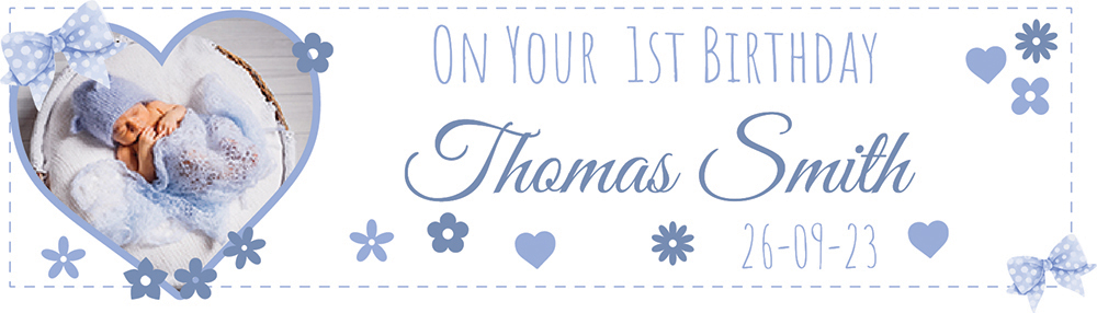 Personalised Baby Birthday Banner - Blue Hearts - Add Text & 1 Photo