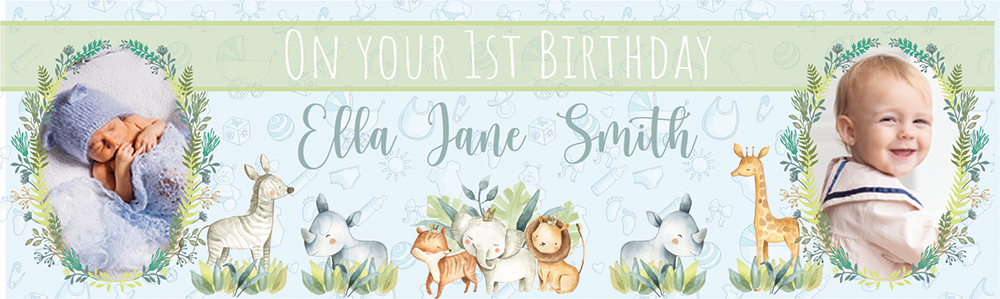 Personalised 1st Birthday Banner - Green Safari Animals - Custom Name & 2 Photo Upload