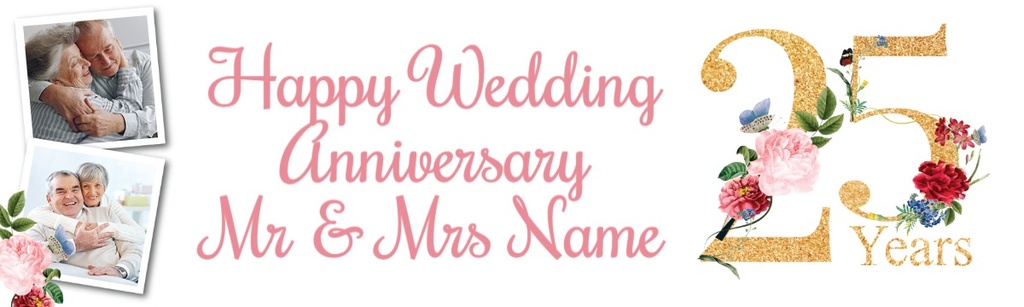 Personalised 25th Wedding Anniversary Banner - Floral Design - 2 Photo Upload & Custom Text