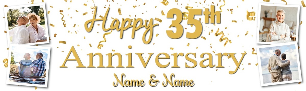 Personalised 35th Wedding Anniversary Banner - Gold Design - Custom Name & 4 Photo Upload