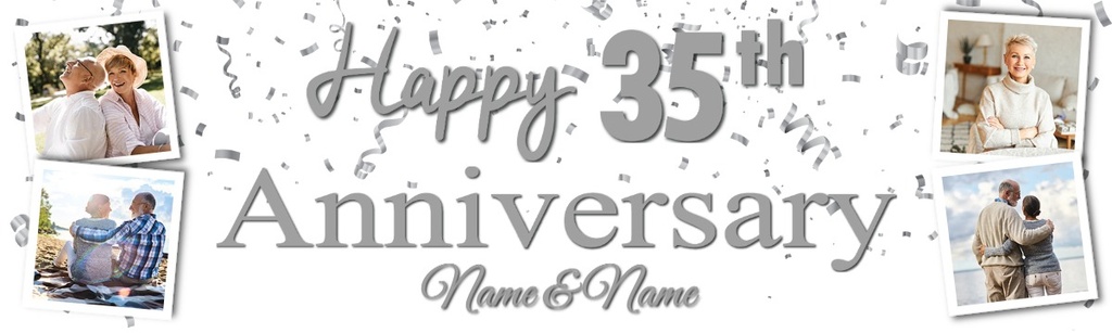 Personalised 35th Wedding Anniversary Banner - Silver Design - Custom Name & 4 Photo Upload