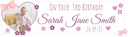 Personalised 3rd Birthday Banner - Pink Hearts - Custom Name, Date & 1 Photo Upload