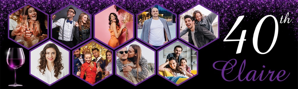 Personalised Birthday Banner - Purple Glitter Design - Custom Name, Age & 9 Photo Upload