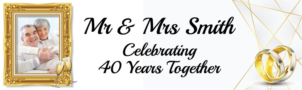 Personalised 40th Wedding Anniversary Banner - Gold Rings - Custom Name & 1 Photo Upload