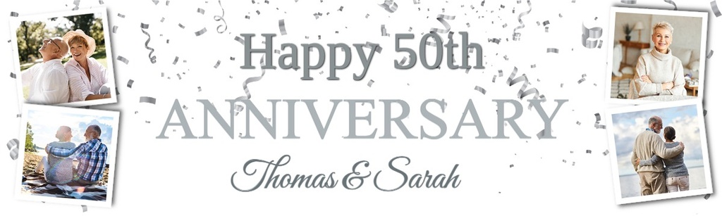 Personalised 50th Wedding Anniversary Banner - Silver Party Design - Custom Text & 4 Photo Upload