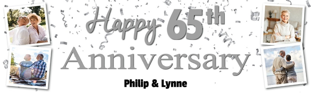 Personalised 65th Wedding Anniversary Banner - Silver Design - Custom Name & 4 Photo Upload