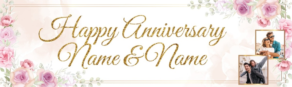 Personalised Anniversary Banner - Pink Floral - Custom Text & 2 Photos