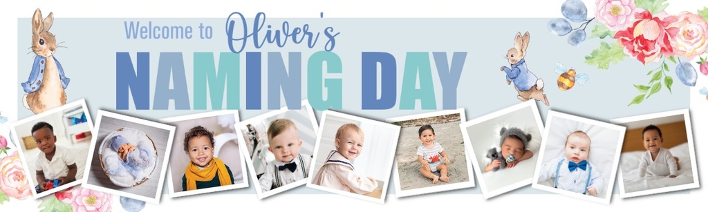 Personalised Baby Naming Day Banner - Blue Rabbit Welcome - Custom Name & 9 Photo