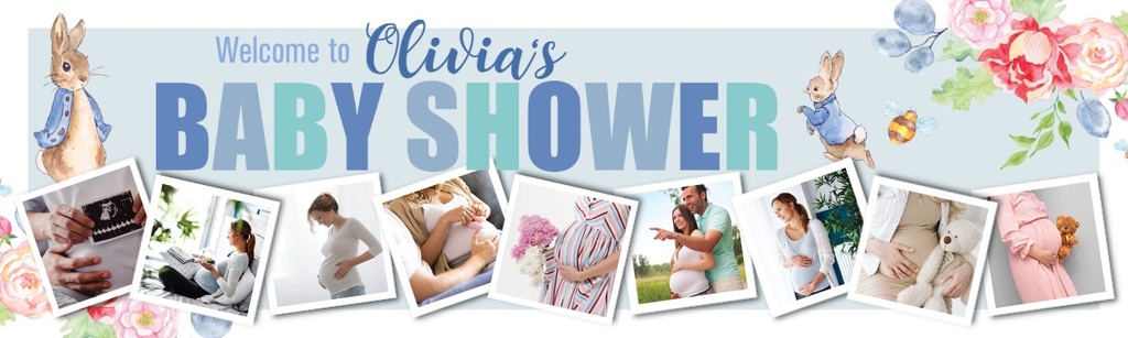 Personalised Baby Shower Banner - Blue Rabbit Welcome - Custom Name & 9 Photo Upload