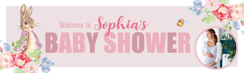 Personalised Baby Shower Banner - Pink Rabbit Floral Welcome - Custom Name & 1 Photo