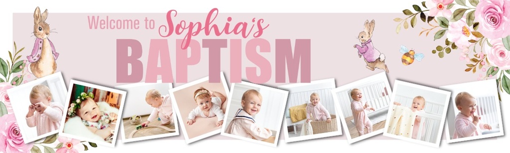 Personalised Baptism Banner - Pink Rabbit - Custom Name & 9 Photo Upload