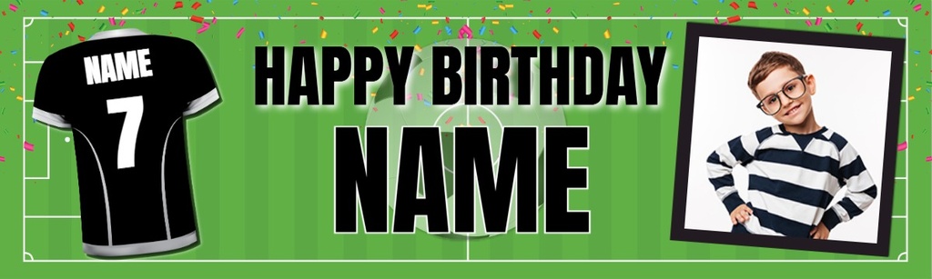 Personalised Birthday Banner - Black Football Shirt- Custom Text 1 Photo Upload