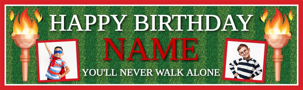 Personalised Birthday Banner - Liverpool Football Red- Custom Text & 2 Photo Upload