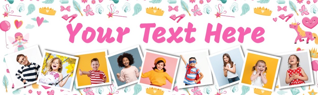 Personalised Birthday Banner - Unicorn & Fairy Design - Custom Text & 9 Photo Upload