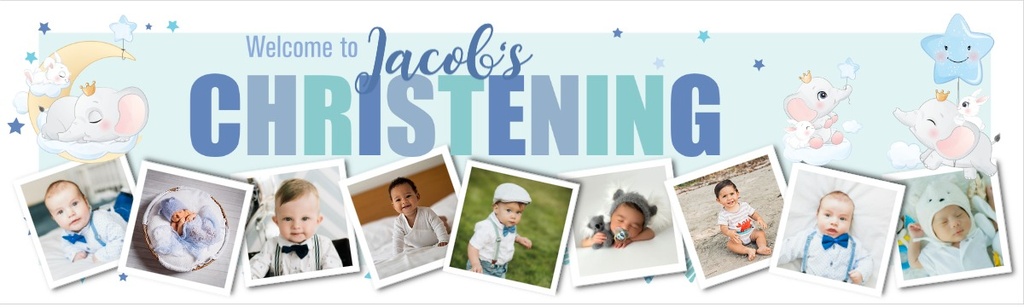 Personalised Christening Banner - Blue & Cute Elephant - Custom Name & 9 Photo