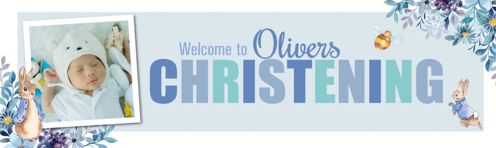 Personalised Christening Banner - Blue Rabbit - Custom Name & 1 Photo Upload