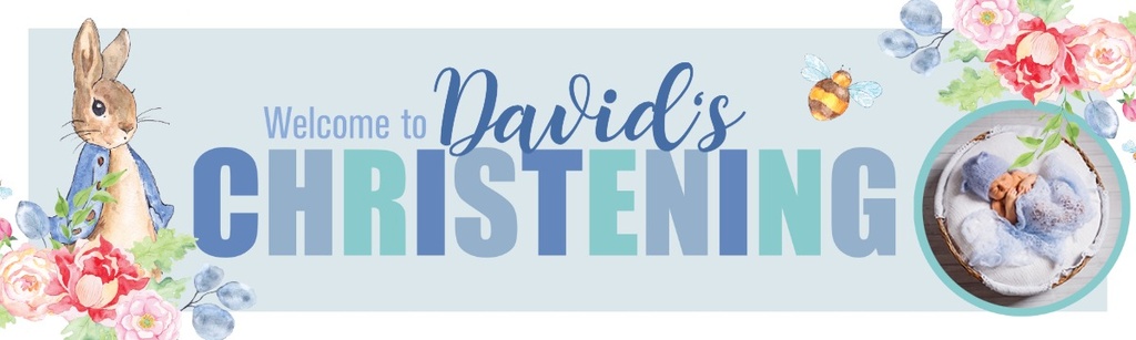 Personalised Christening Banner - Blue Rabbit - Custom Name & 1 Photo Upload New