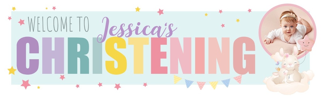 Personalised Christening Banner - Bunny & Stars - Custom Name & 1 Photo Upload