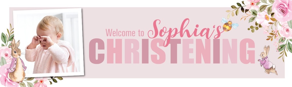 Personalised Christening Banner - Pink Rabbit Floral - Custom Name & 1 Photo Upload