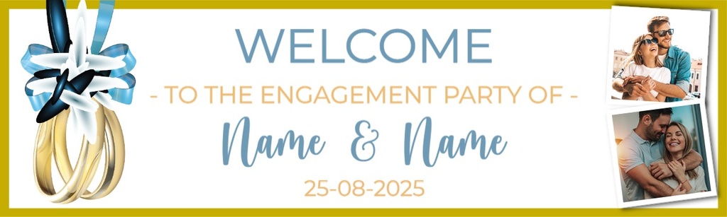 Personalised Engagement Party Banner - Gold Rings - Custom Name, Date & 2 Photo Upload