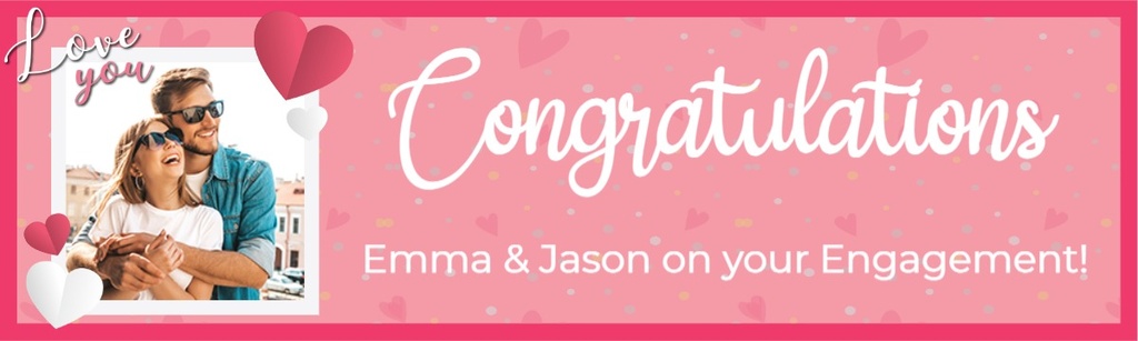 Personalised Engagement Party Banner - Pink Heart - Custom Name & 1 Photo Upload