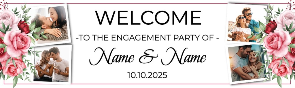 Personalised Engagement Party Banner - Pink Roses - Custom Text & 4 Photo Upload