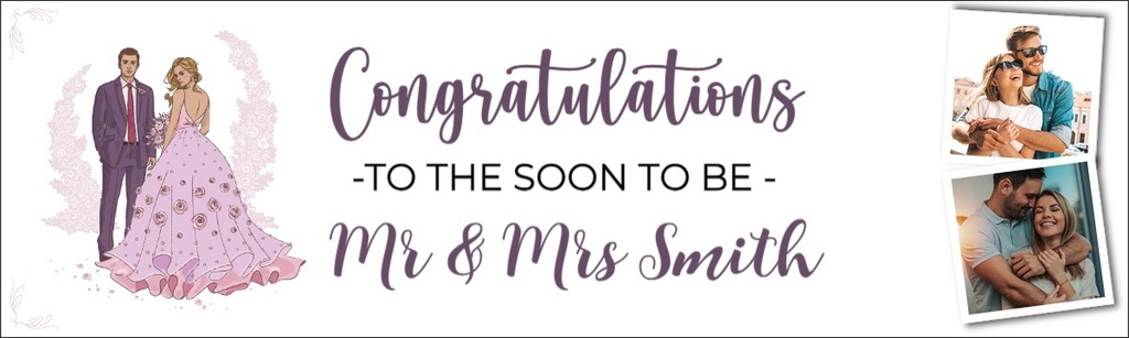 Personalised Engagement Party Banner - Purple Congratulations - Custom Name & 2 Photo Upload