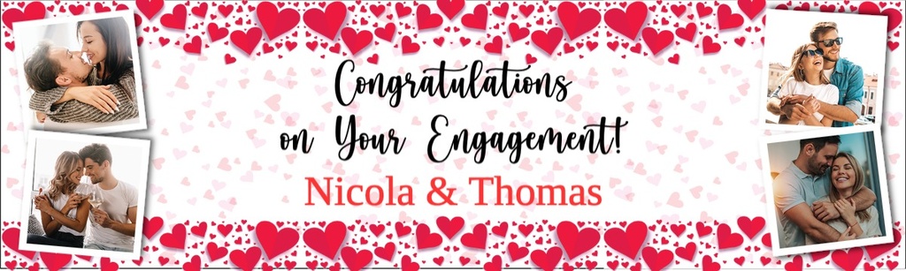 Personalised Engagement Party Banner - Red Heart Design - Custom Name & 4 Photo Upload