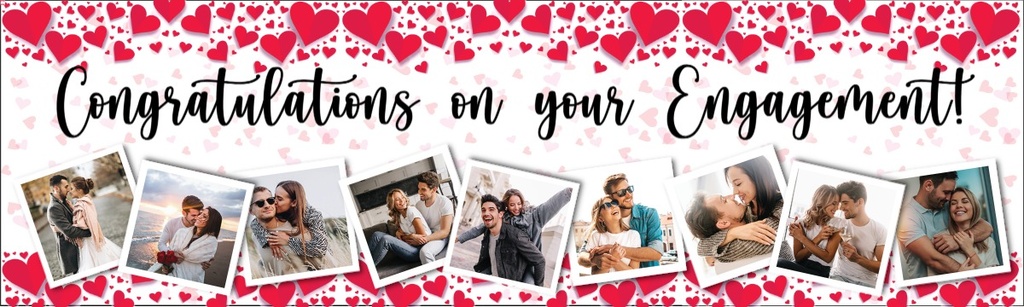 Personalised Engagement Party Banner - Red Heart Design - Custom Name & 9 Photo Upload