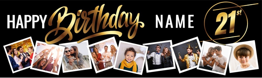 Personalised Happy 21st Birthday Banner - Black & Gold - Custom Name & 9 Photo Upload