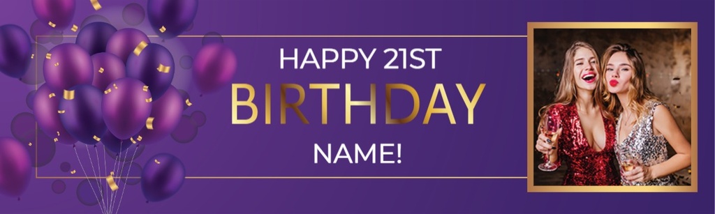 Personalised Happy 21st Birthday Banner - Purple Balloons - Custom Name & 1 Photo Upload