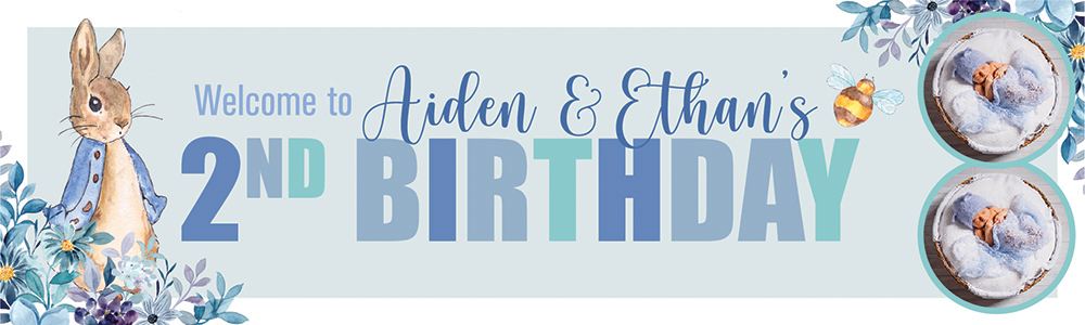Personalised Happy 2nd Birthday Banner - Blue Rabbit Twins - Custom Name & 2 Photo Upload