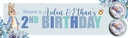 Personalised Happy 2nd Birthday Banner - Blue Rabbit Twins - Custom Name & 2 Photo Upload