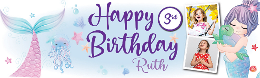 Personalised Baby Birthday Banner - Mermaid Friends - Custom Name & 2 Photos - 1st 2nd 3rd