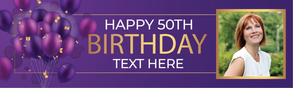 Personalised Happy 50th Birthday Banner - Purple Balloons - Custom Name & 1 Photo Upload
