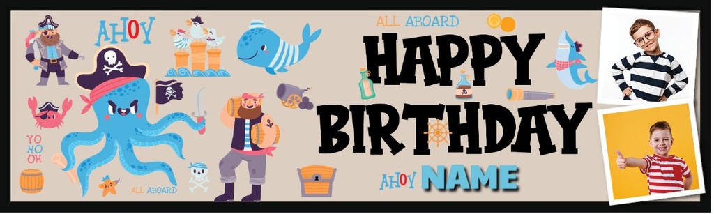Personalised Happy Birthday Banner - Ahoy! Under The Sea Pirate - Custom Name & 2 Photo Upload