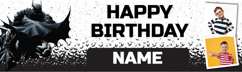 Personalised Happy Birthday Banner - Batman Superhero - Custom Name & 2 Photo Upload
